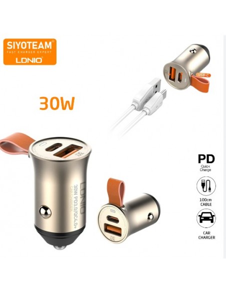 CARGADOR DE AUTO DUAL USB-C + USB-A CARGA RÁPIDA 30W PD/QC 3.0 DERMAN