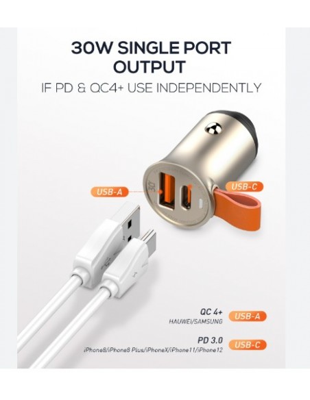 CARGADOR DE AUTO DUAL USB-C + USB-A CARGA RÁPIDA 30W PD/QC 3.0 DERMAN