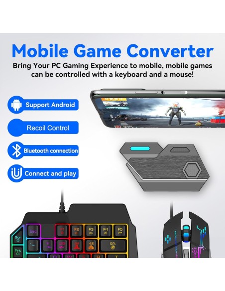 KIT GAMER 5 EN 1 HOCO GM10 PARA CELULAR - TECLADO, MOUSE, CONVERTIDOR Y SOPORTE DERMAN