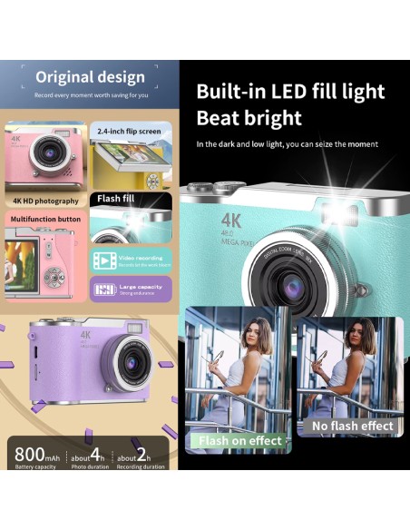 CÁMARA FOTOGRÁFICA 4K LK-007 - VLOGGING CON PANTALLA ABATIBLE 180° Y 48MP DERMAN