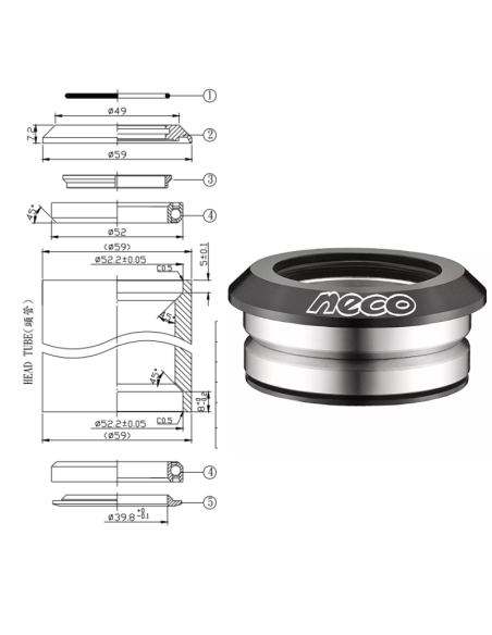 JUEGO DIRECCION NECO 52.2X52.2 (INTEGRADO, SELLADO, CONICA) IS 52.2/ 28.6|IS52.2/39.8 MOD.H382S