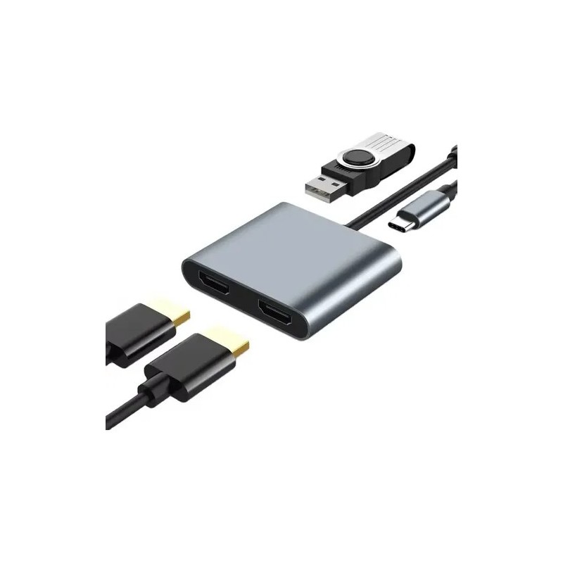 HUB USB-C 4 EN 1 DUAL HDMI 4K: ADAPTADOR MULTIPANTALLA CON USB 3.0 Y CARGA PD