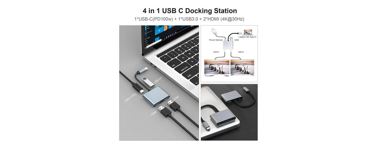 HUB USB-C 4 EN 1 DUAL HDMI 4K: ADAPTADOR...