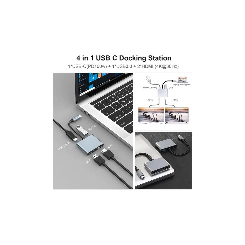 HUB USB-C 4 EN 1 DUAL HDMI 4K: ADAPTADOR MULTIPANTALLA CON USB 3.0 Y CARGA PD