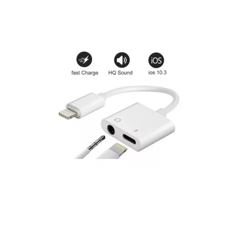 ADAPTADOR LIGHTNING 2 EN 1: SPLITTER PARA CARGA Y AUDIO JACK 3.5MM COMPATIBLE CON IPHONE