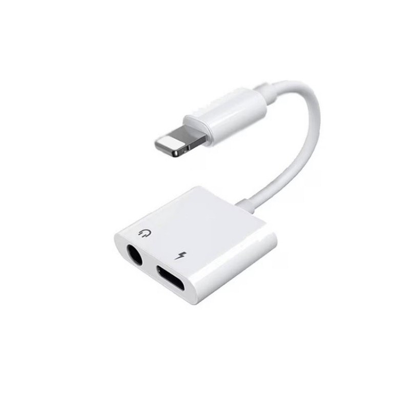 ADAPTADOR LIGHTNING 2 EN 1: SPLITTER PARA CARGA Y AUDIO JACK 3.5MM COMPATIBLE CON IPHONE